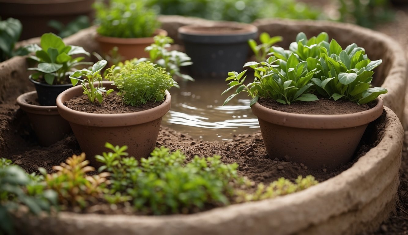 Plants surround ollas buried in various garden settings, with water seeping from the porous clay pots, providing efficient irrigation