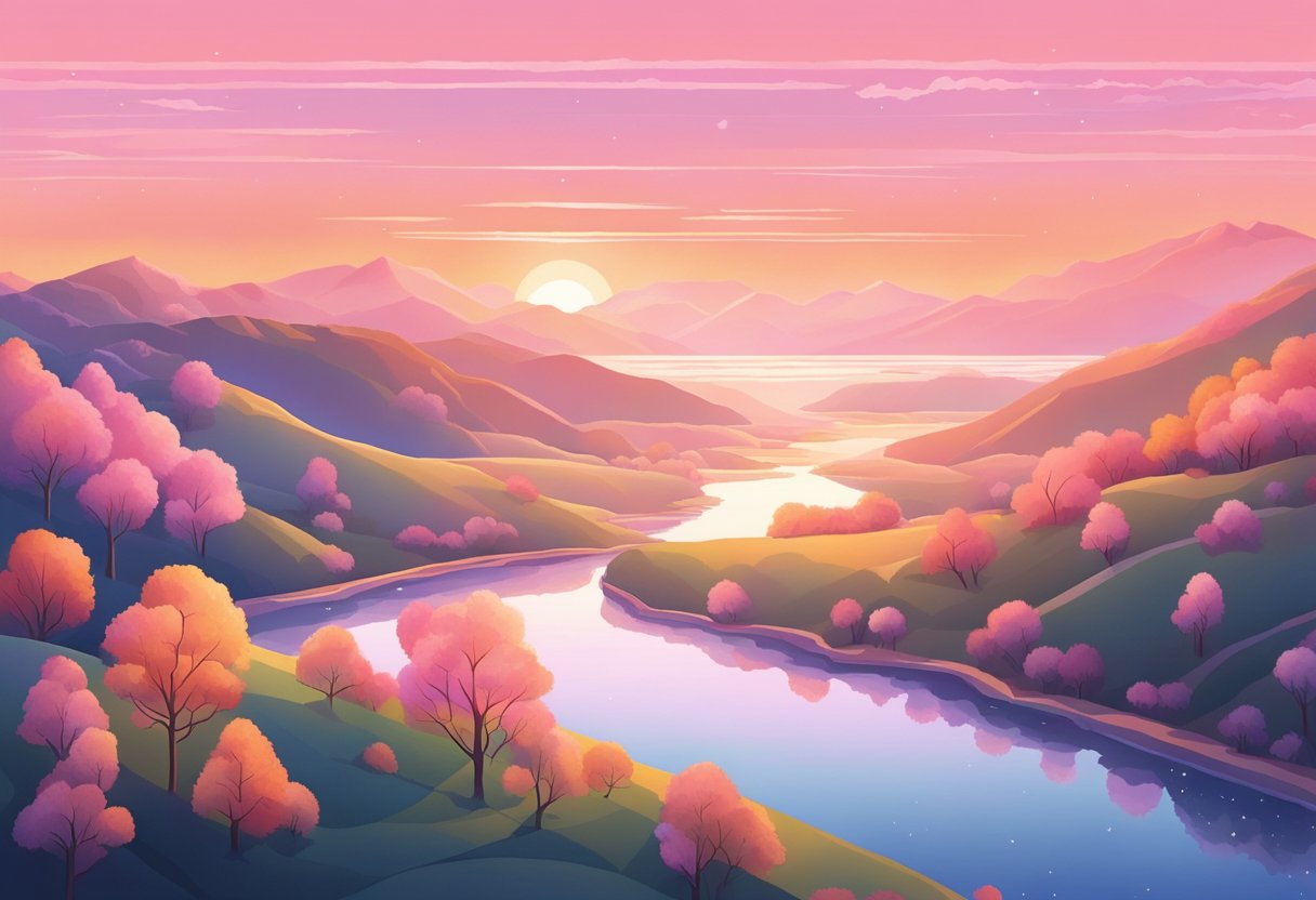 The first light of dawn illuminates a tranquil landscape, with the sky painted in soft hues of pink and orange. The stillness of the early morning is palpable, as nature awakens to the new day
