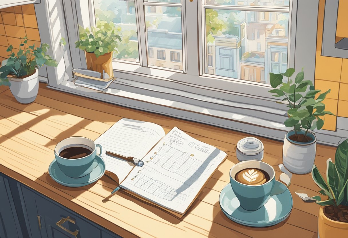 A steaming cup of coffee sits on a kitchen counter, next to a neatly arranged to-do list and a sunlit window