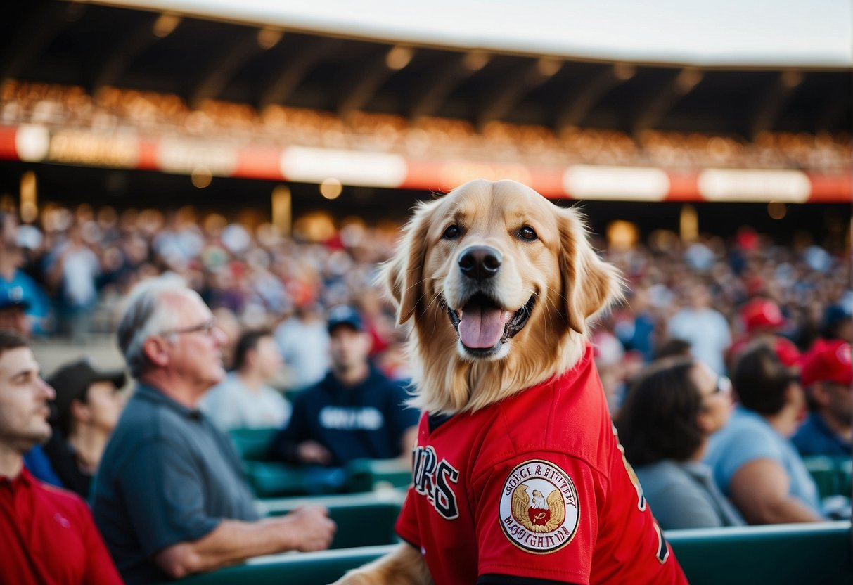 Bruce the golden retriever sits proudly in a Rochester Red Wings jersey, surrounded by cheering fans. His wagging tail and friendly demeanor bring joy to the community, making him the team's new lucky charm
