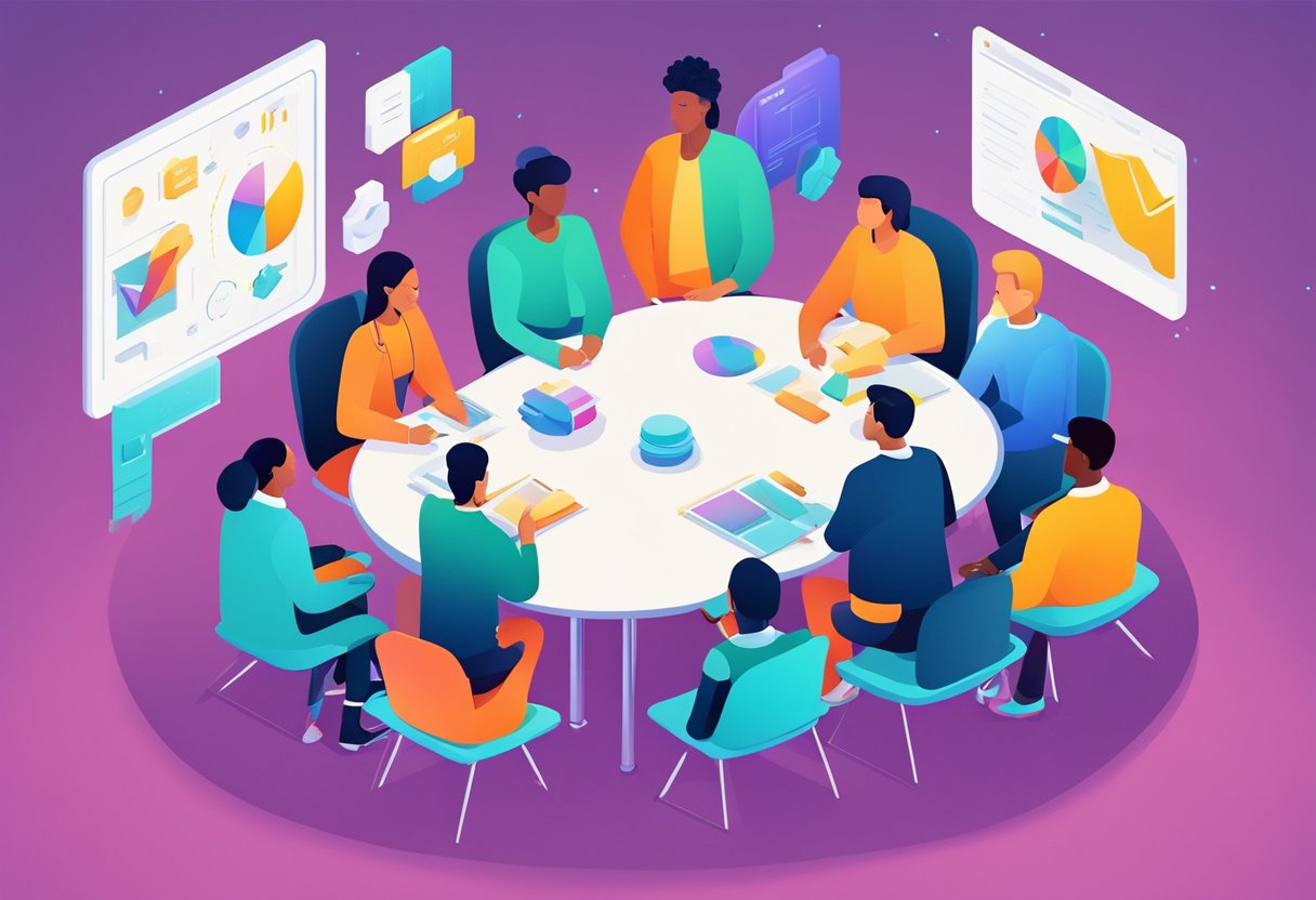 A group of diverse individuals gather around a table, brainstorming and sharing ideas. A leader stands at the front, encouraging and guiding the group towards creativity and innovation