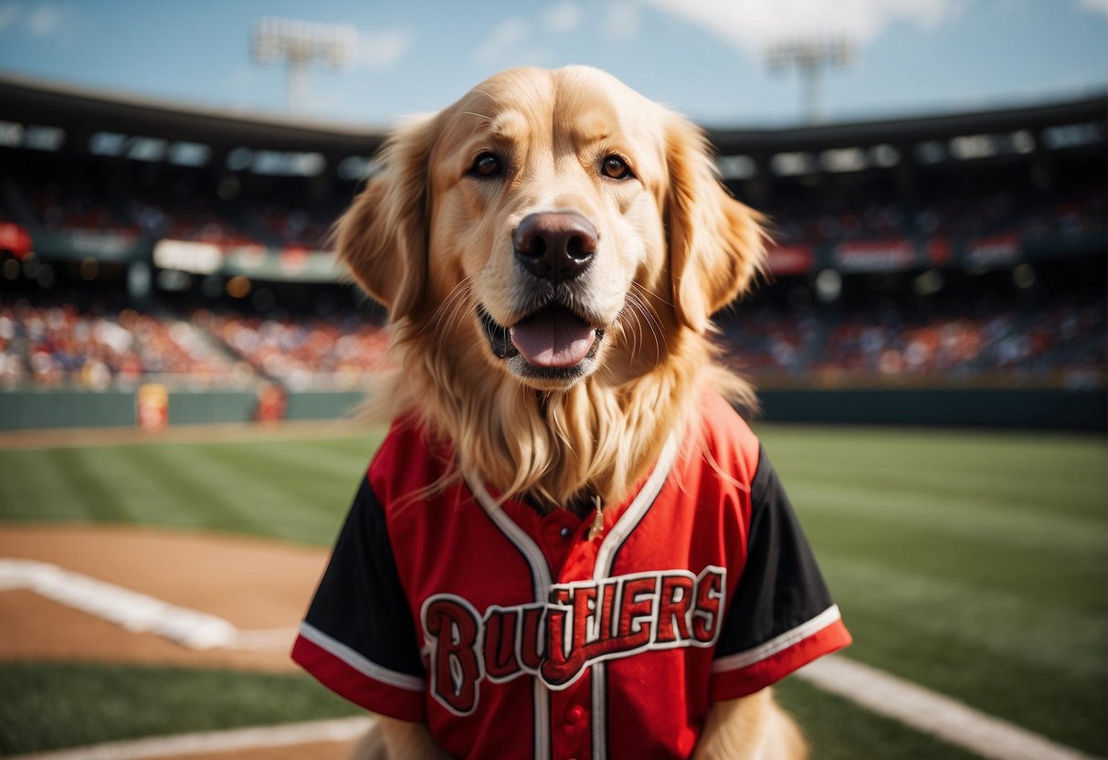 Bruce the golden retriever stands proudly on the baseball field, adorned in a Rochester Red Wings jersey. The crowd cheers as he brings luck to the team, becoming their new lucky charm