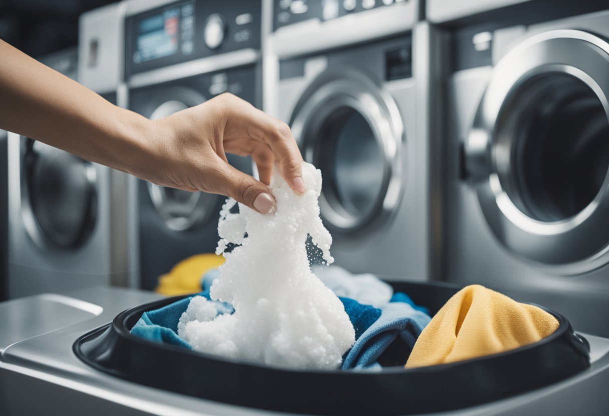 Uma máquina de lavar com detergente, transbordando, causando excesso de espuma