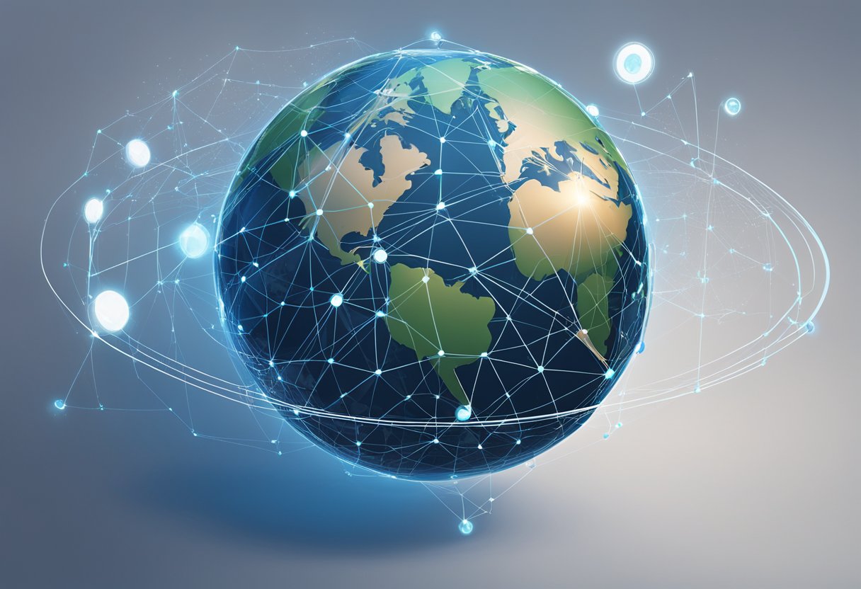 A globe with interconnected nodes representing the global reach of Worldcoin. AI symbols and futuristic technology surround it, depicting its role in the AI future