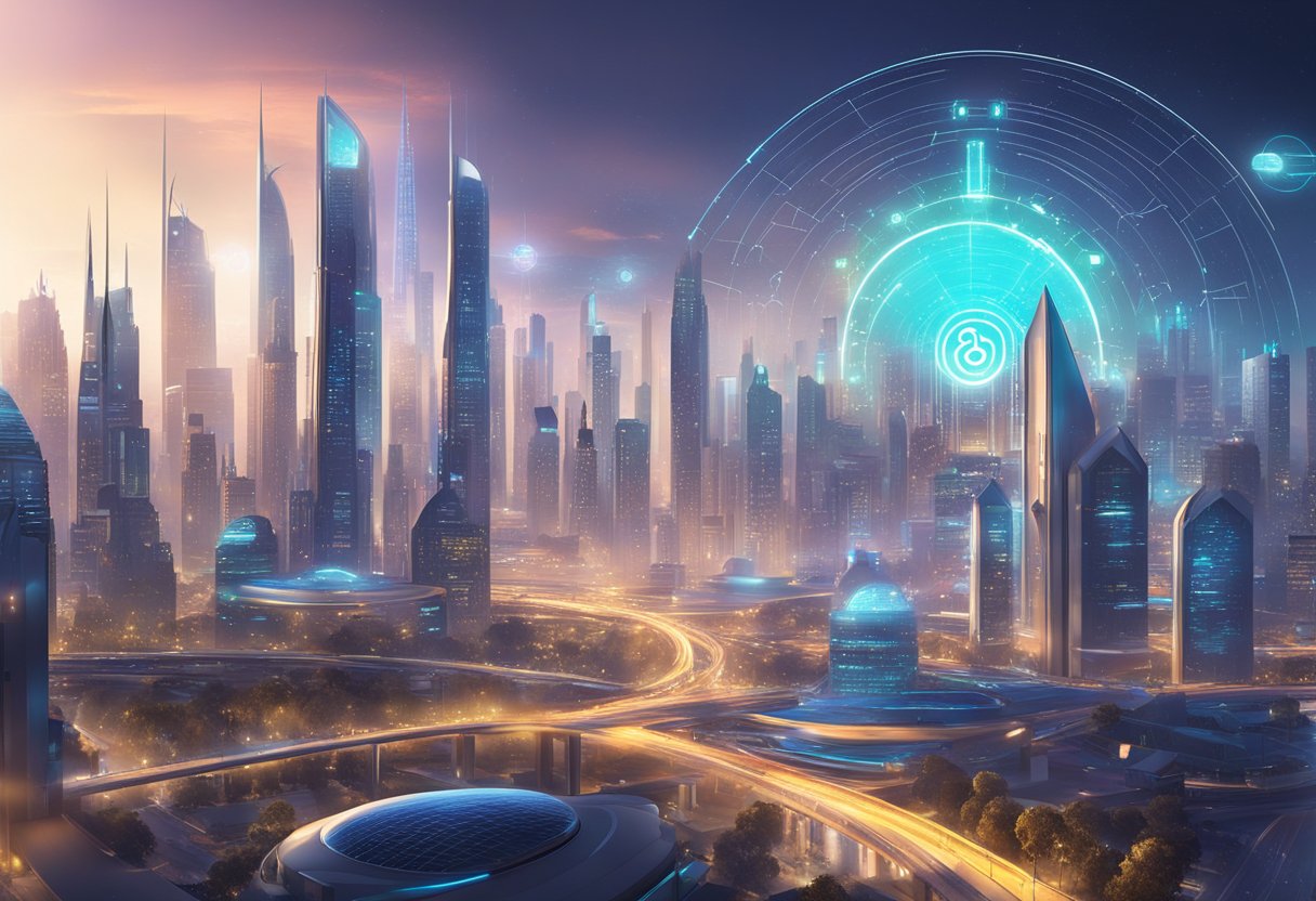 A futuristic city skyline with digital AI interfaces, Worldcoin logo prominent. AI-powered vehicles and smart infrastructure. Bright, tech-savvy atmosphere