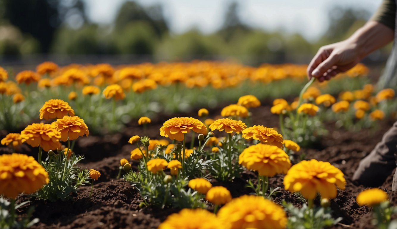Marigolds of various colors and sizes are being planted in a well-tended vegetable garden. The gardener carefully selects the right varieties for a vibrant and healthy display