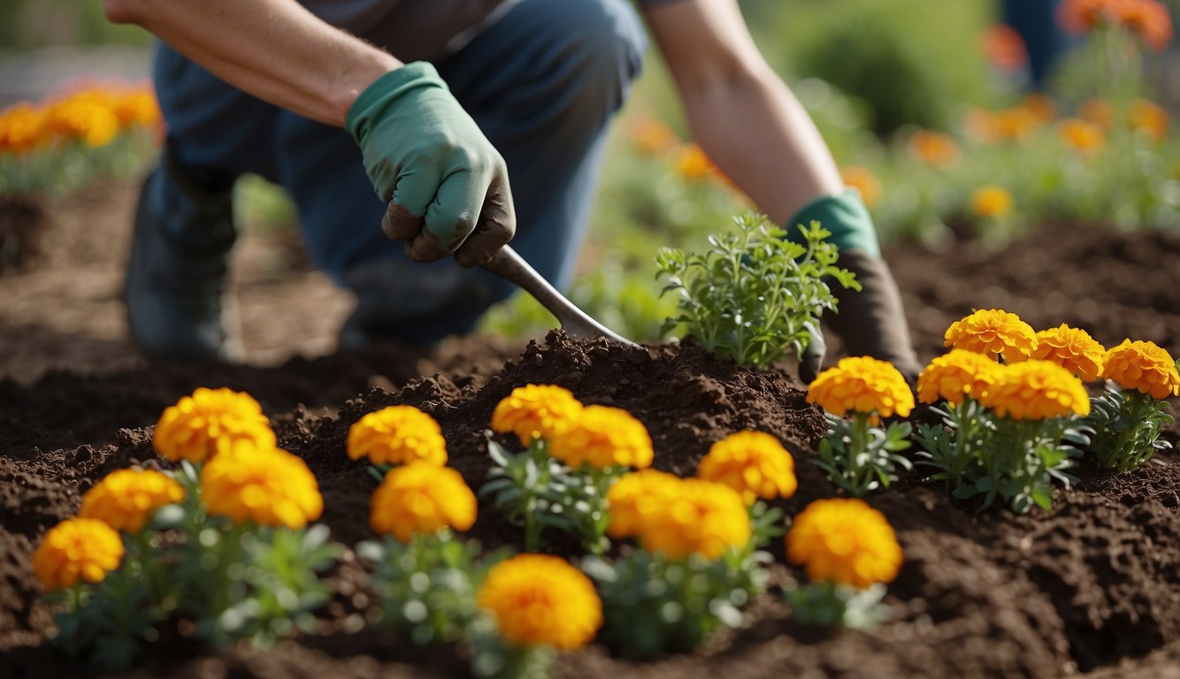 Gardeners prepare soil, plant marigolds in vegetable garden