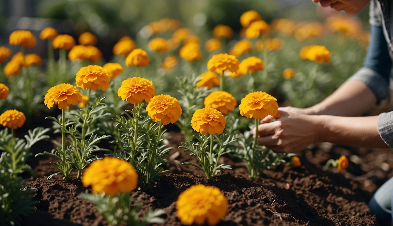 Marigolds being planted in a vegetable garden