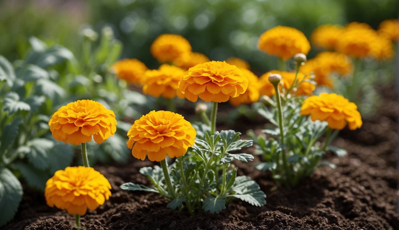 Marigolds planted among vegetables in garden for companion planting