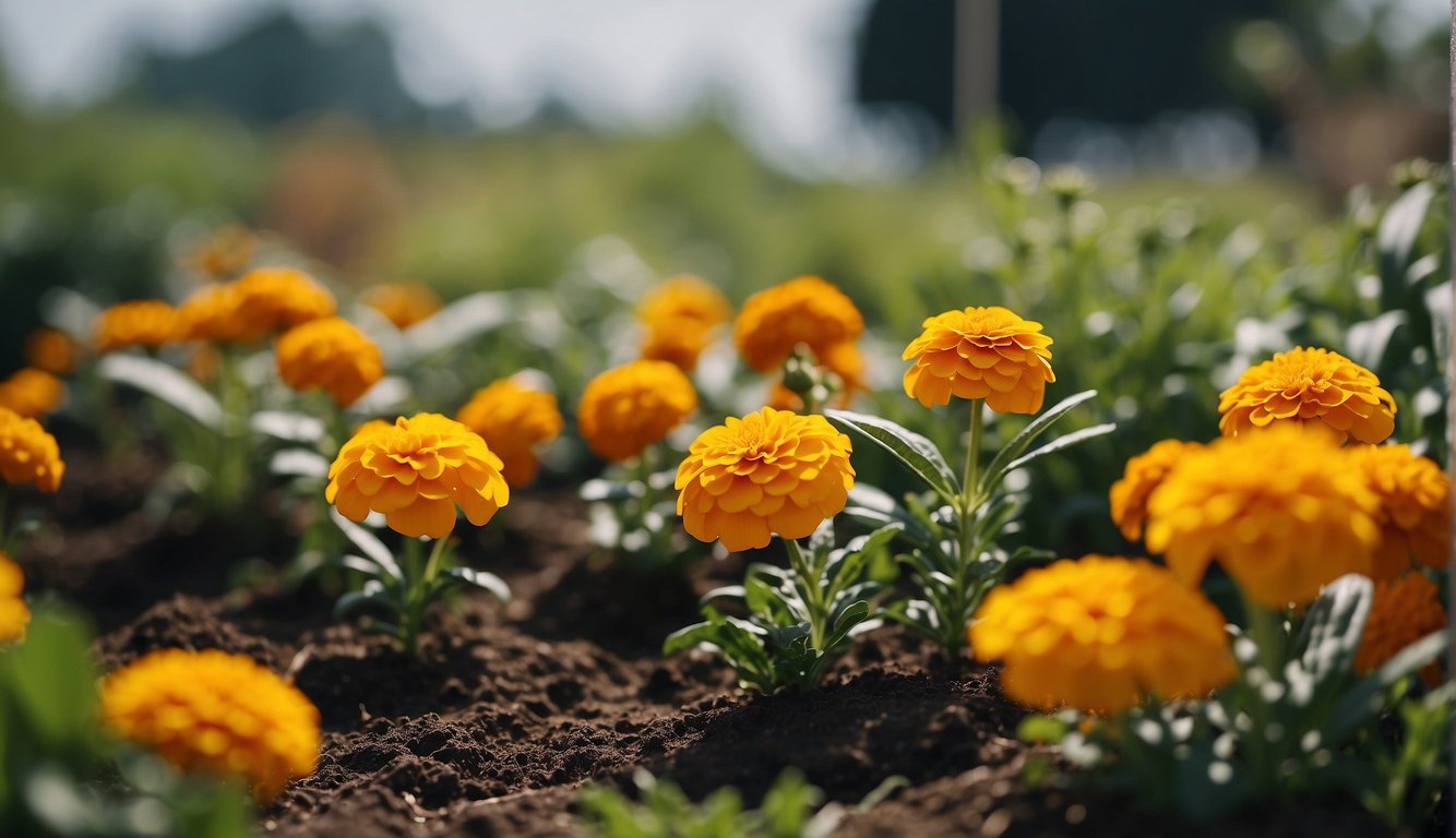 Marigolds being planted among vegetables in a garden