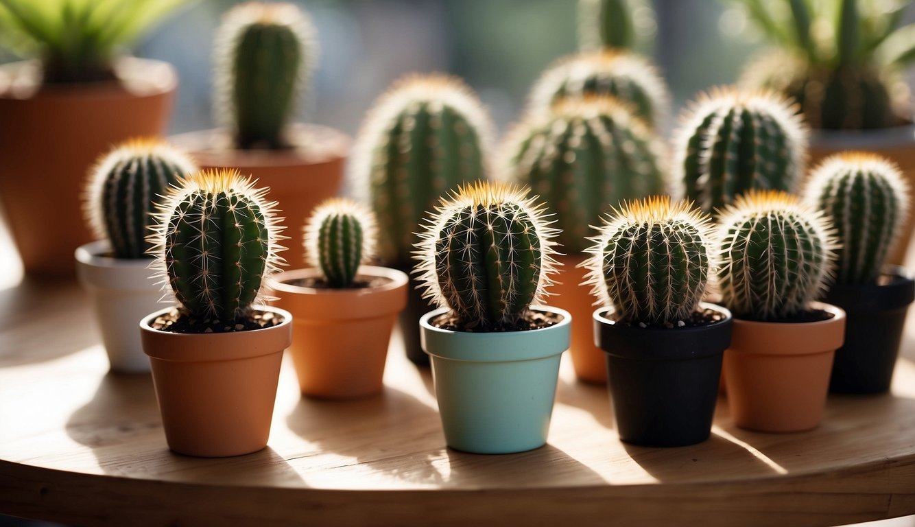 Cactus pups arranged on a table next to small pots and gardening tools. A larger cactus sits nearby, ready for transplanting