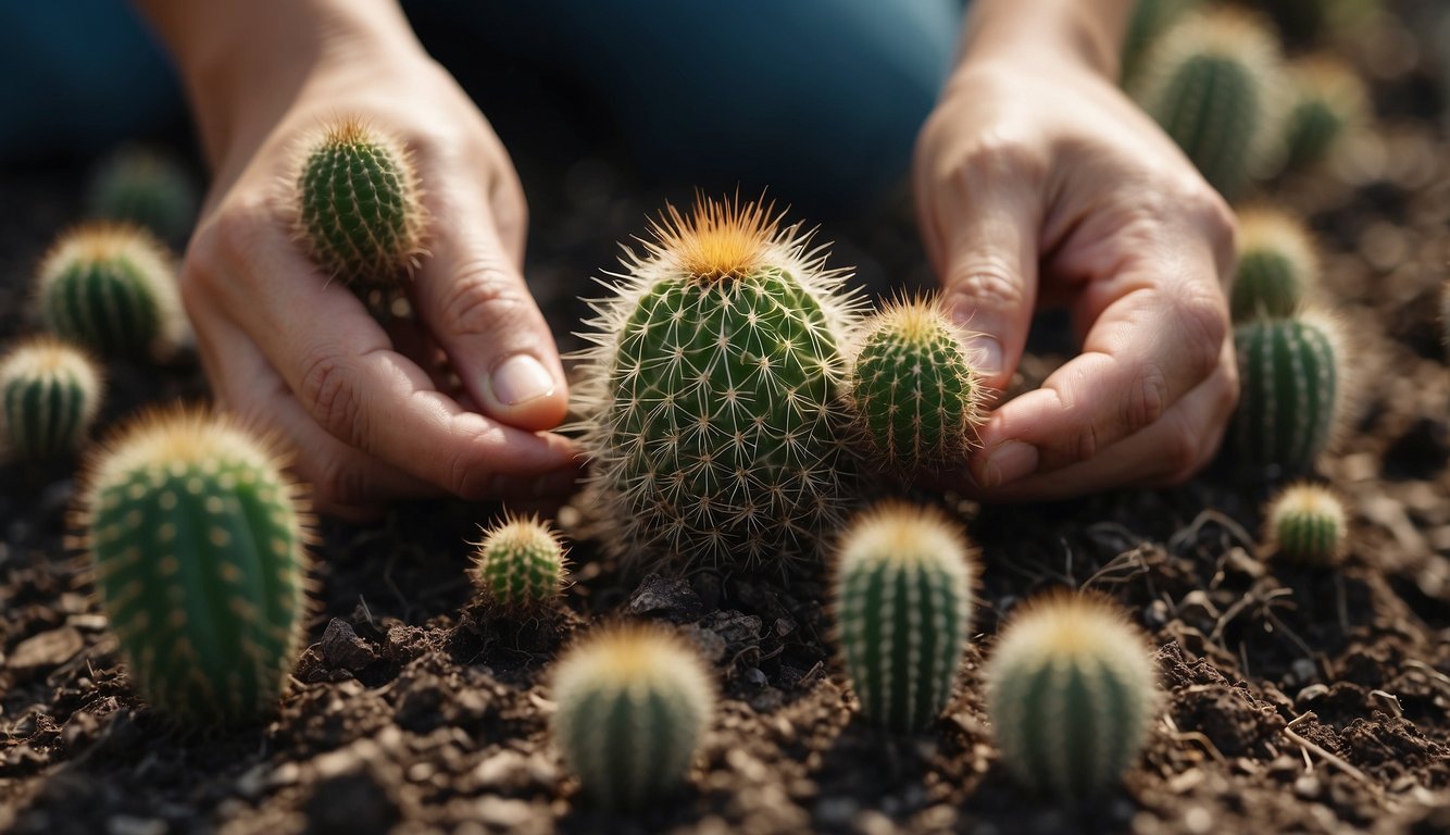 Hands carefully remove cactus pups from the main plant. Soil and roots are visible