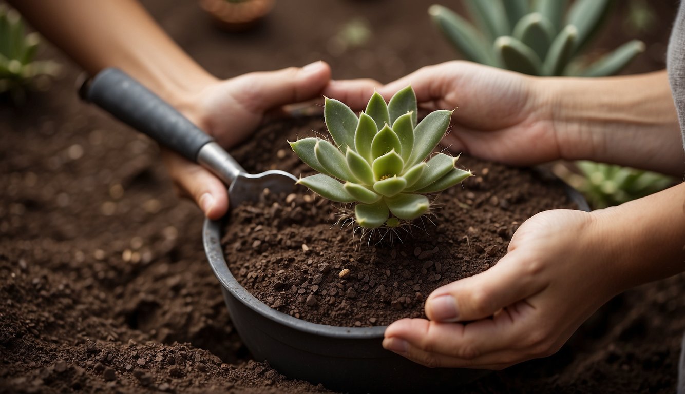 A hand holding a small cactus pup, a trowel, and a pot filled with soil. The hand is gently placing the pup into the soil, ready for transplanting