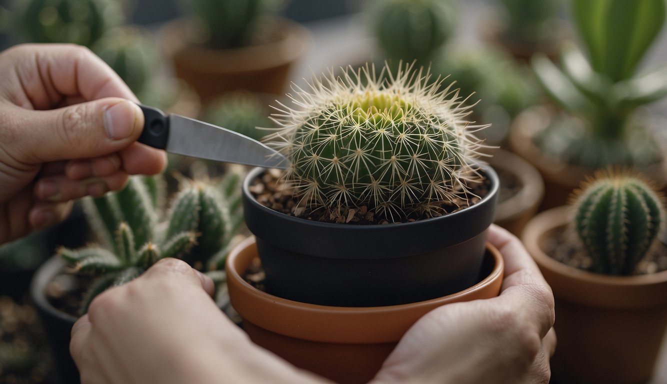 A small cactus pup is carefully removed from the parent plant with a sharp knife, ensuring the roots are intact. It is then placed in a well-draining potting mix and lightly watered
