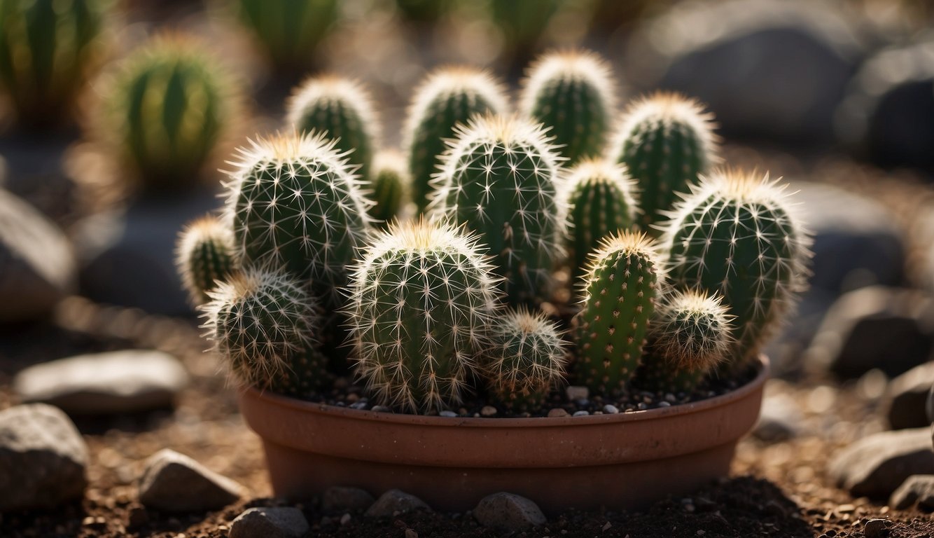 A mature cactus with several small pups growing at its base, ready to be carefully transplanted into new pots or soil