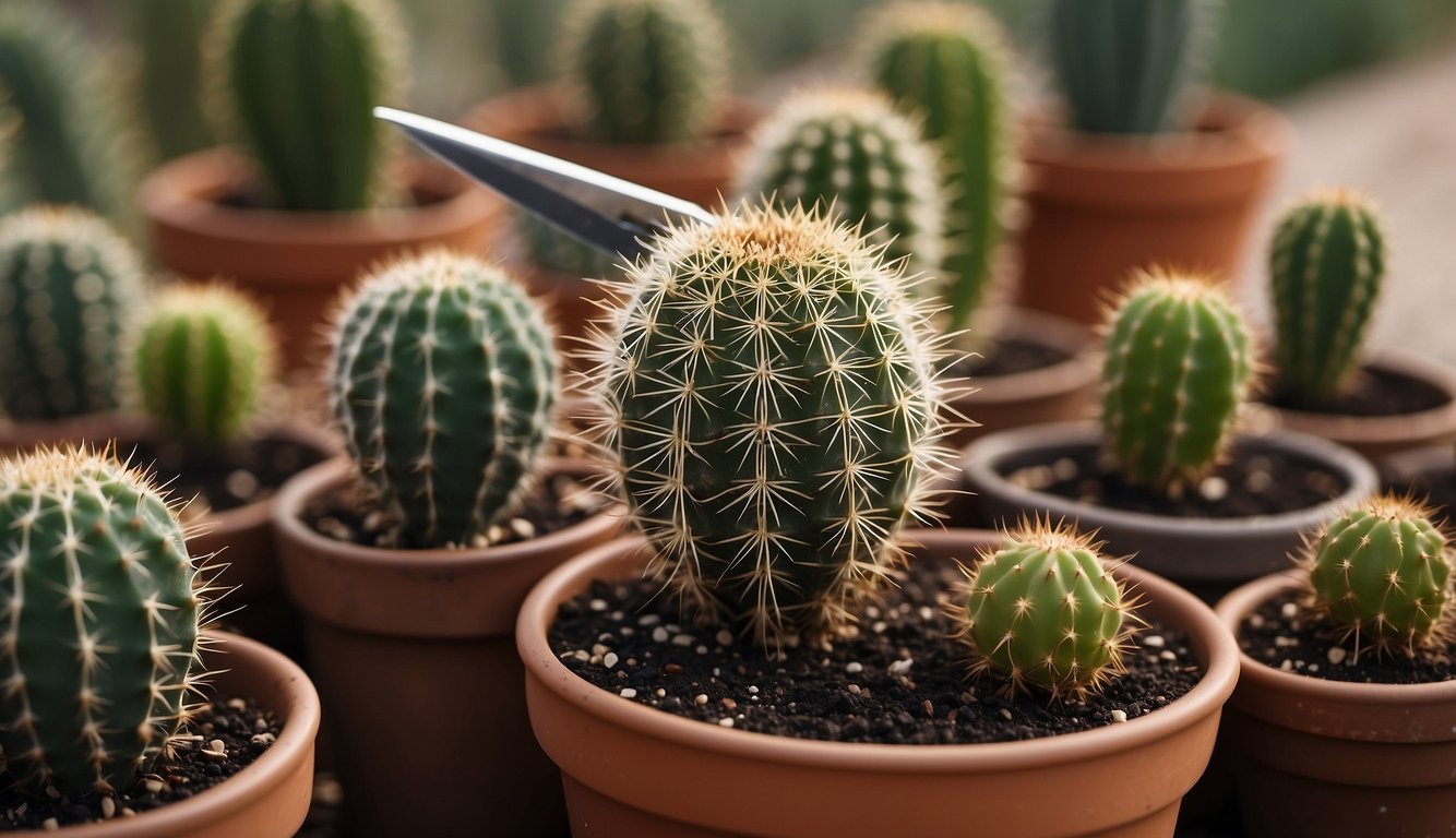 Cactus pups being carefully separated from the parent plant with a sharp, clean knife. The pups are then placed in a new pot with well-draining soil
