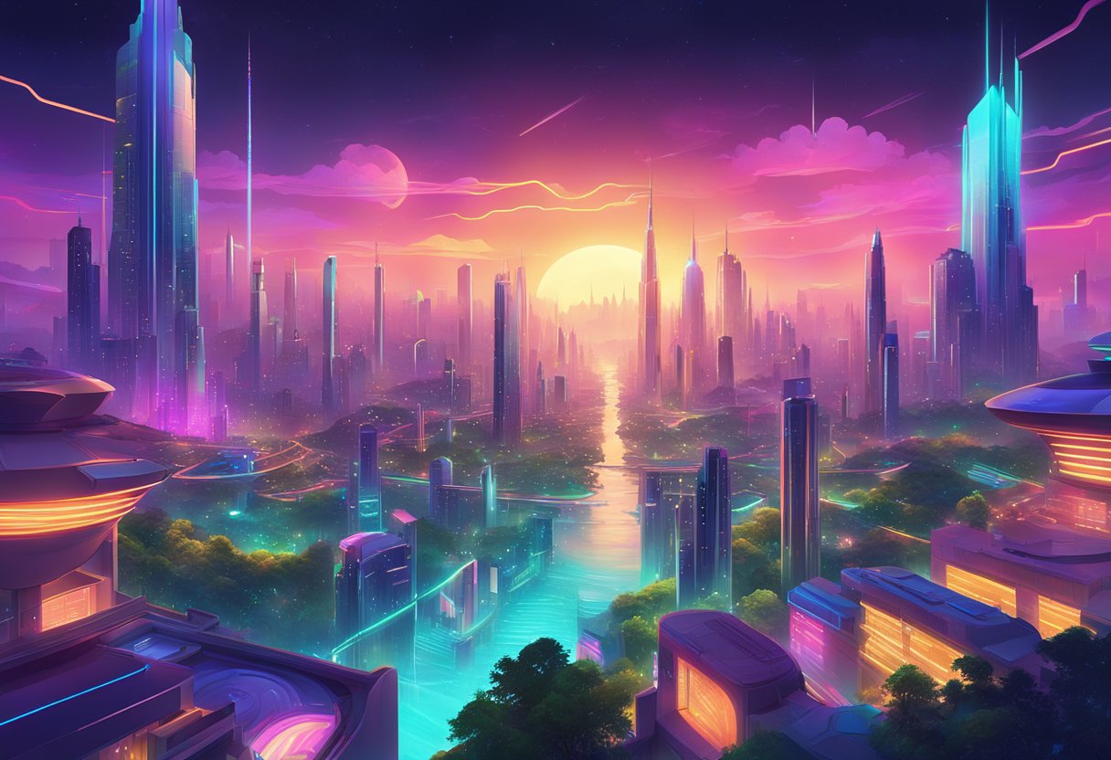 A colorful, futuristic cityscape with towering buildings and neon lights, surrounded by lush, otherworldly landscapes
