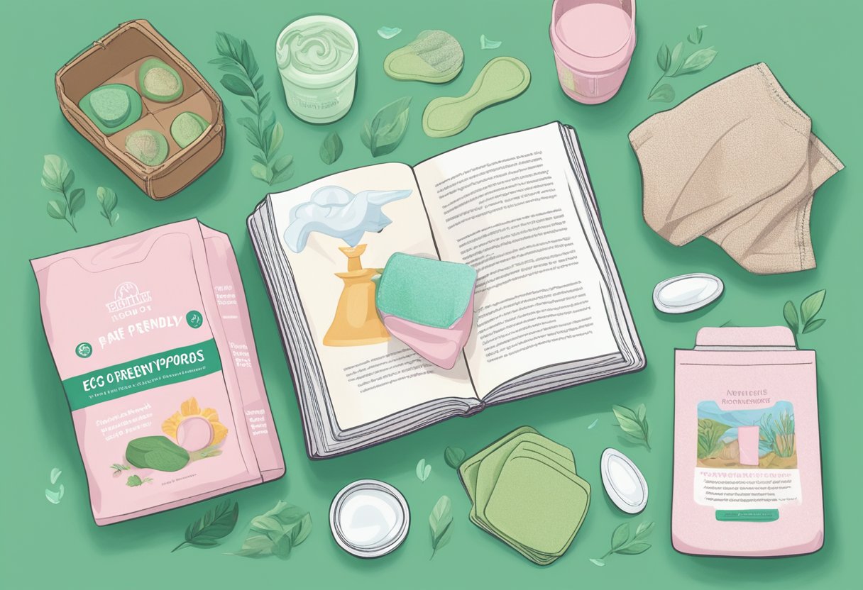 A woman opens a compostable packaging of eco-friendly period products, surrounded by reusable cloth pads and menstrual cups. A book titled "Eco-Friendly Periods to Menopause: A Guide to Sustainable Transition" sits nearby