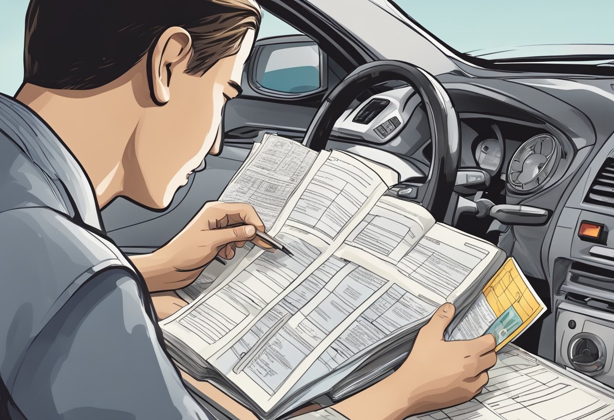 A person studying a driver's manual, surrounded by traffic signs and a car, with a clear focus on the process of obtaining a provisional driver's license