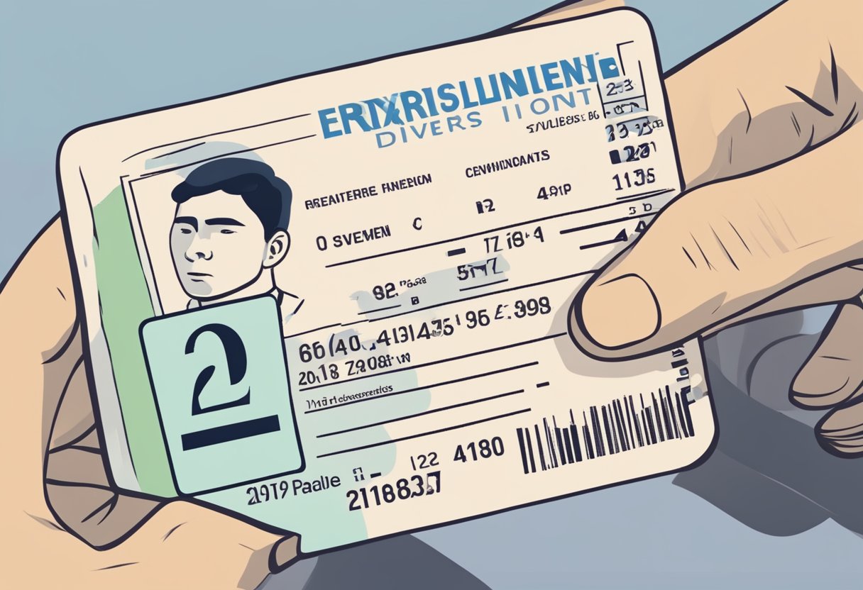 A person holding a provisional driver's license with an expiration date. The license is being renewed at a government office
