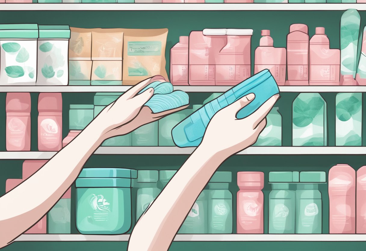 A hand reaching for eco-friendly menstrual products on a shelf