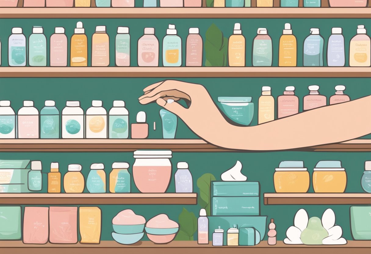A woman's hand reaches for a reusable menstrual cup on a shelf, surrounded by eco-friendly period products and natural menopause remedies