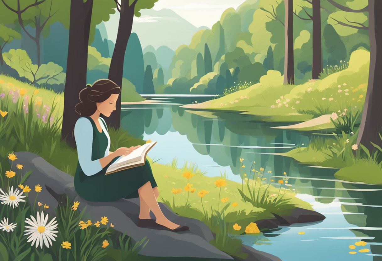 A serene forest setting with a flowing river, blooming wildflowers, and a clear sky. A woman peacefully reads a book titled "Eco-Friendly Periods to Menopause: A Guide to Sustainable Transition" under a shaded tree