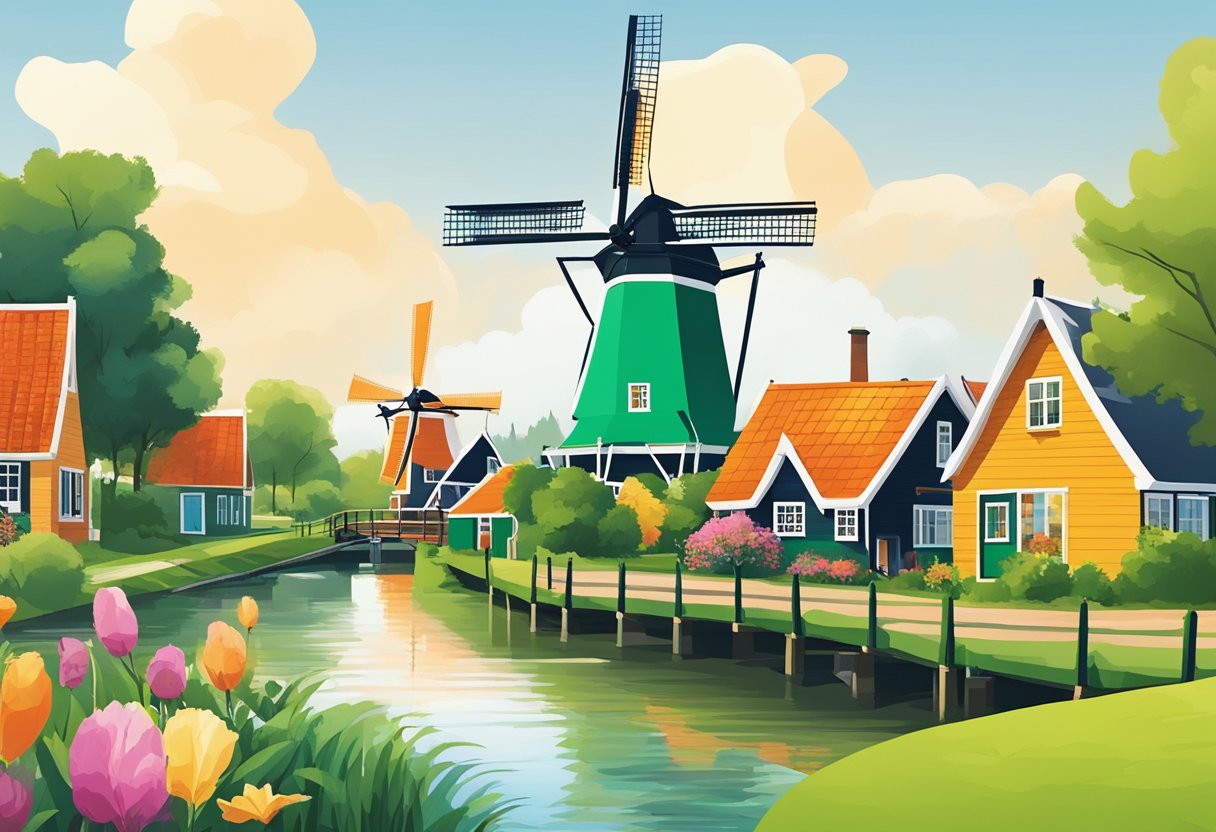 Vibrant windmills and quaint Dutch cottages dot the lush countryside of Zaanse Schans, a serene private tour destination from Amsterdam