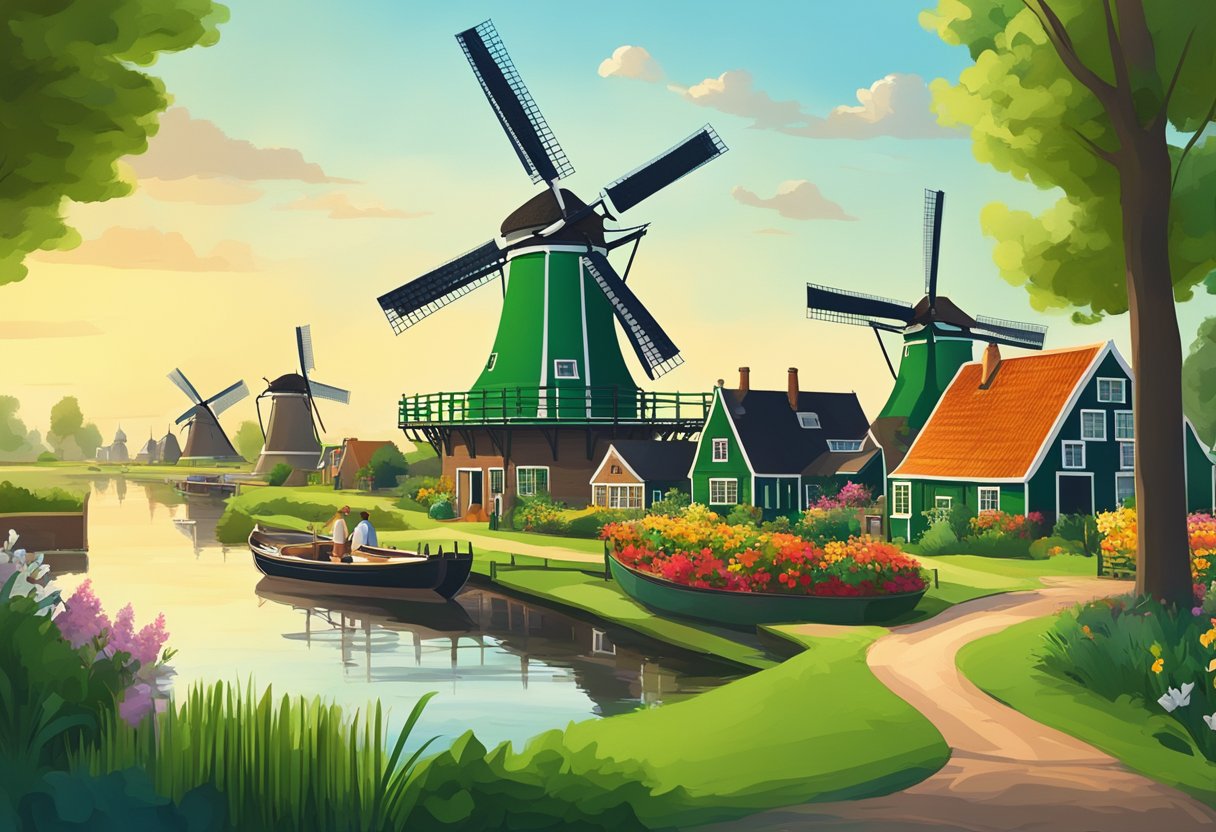 A scenic countryside tour of Zaanse Schans, with windmills, traditional Dutch houses, and lush green fields