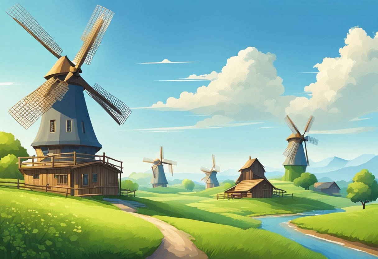 A serene countryside landscape with windmills, wooden houses, and lush green fields, set against a clear blue sky