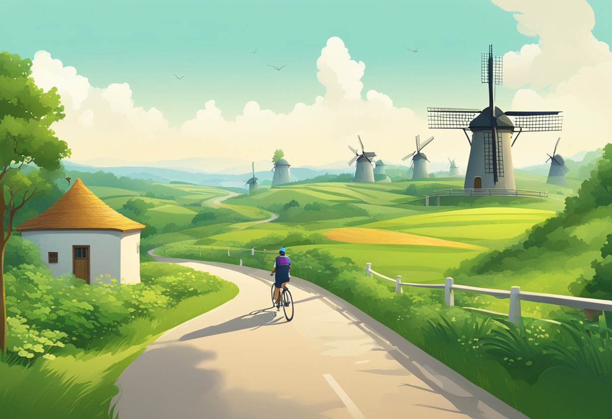 A winding road leads through lush green countryside, with traditional windmills standing tall in the distance. A variety of transportation options, including bicycles and boats, are parked alongside the road