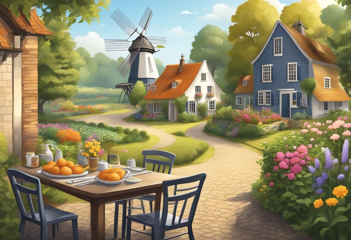 A charming countryside scene with a traditional Dutch windmill, a quaint village, and a picturesque dining area with local culinary delights