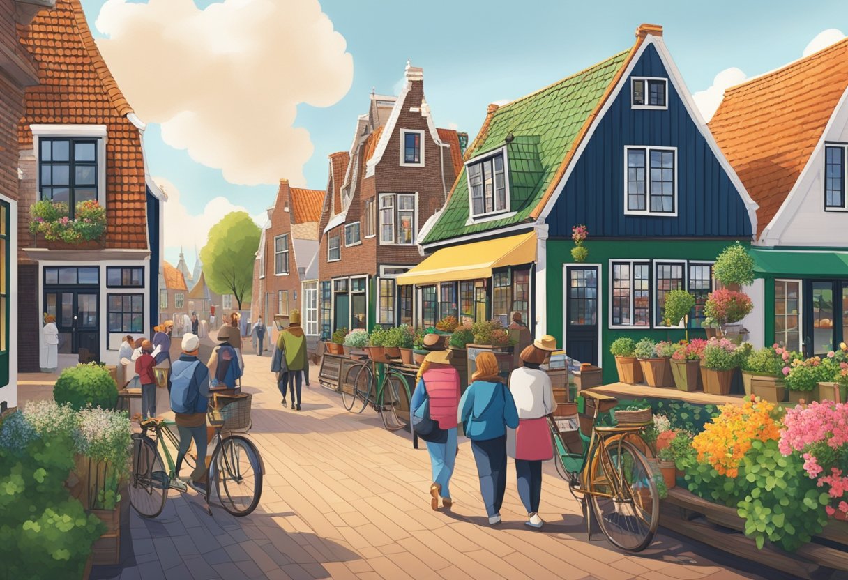 Visitors explore quaint shops and windmills in Zaanse Schans countryside, with a view of the Amsterdam skyline in the distance