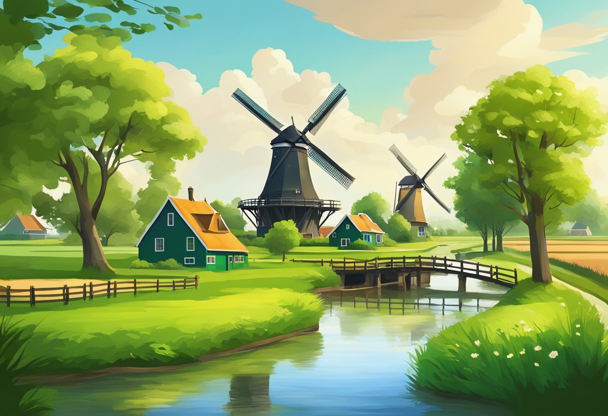 A serene countryside landscape with windmills, lush green fields, and a peaceful river flowing through the picturesque Zaanse Schans village