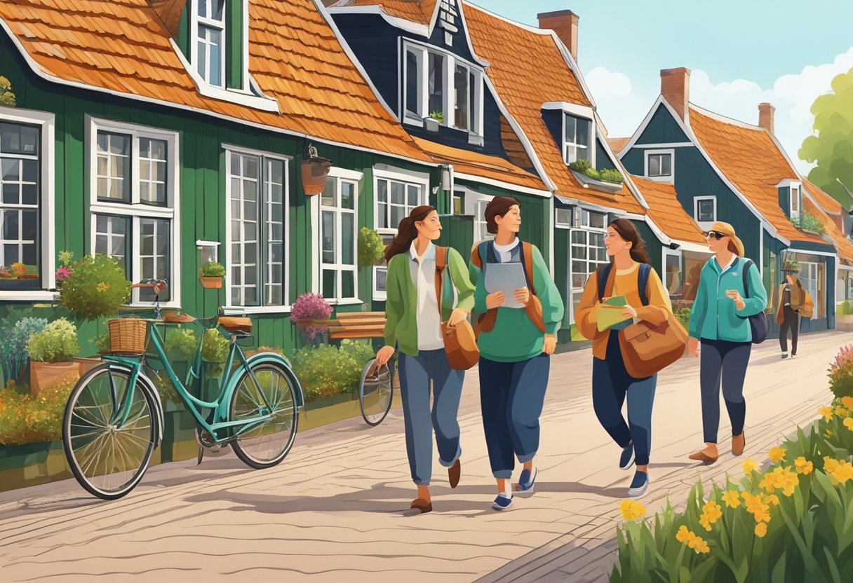 A group of tourists follows a guide through the picturesque Zaanse Schans countryside, adhering to health and safety guidelines