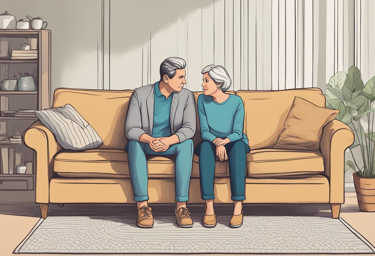 A couple sits on opposite ends of a couch, looking away from each other. The tension in the air is palpable as they struggle to communicate during menopause