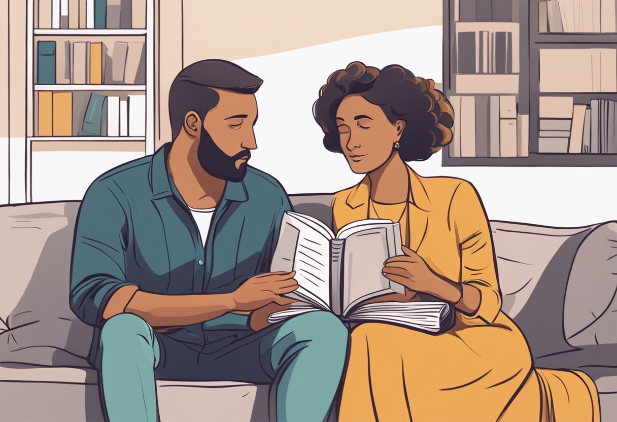 A couple sits on a couch, facing each other, with a concerned expression. The woman holds a book titled "Understanding Menopause and Intimacy" while the man looks at her with empathy