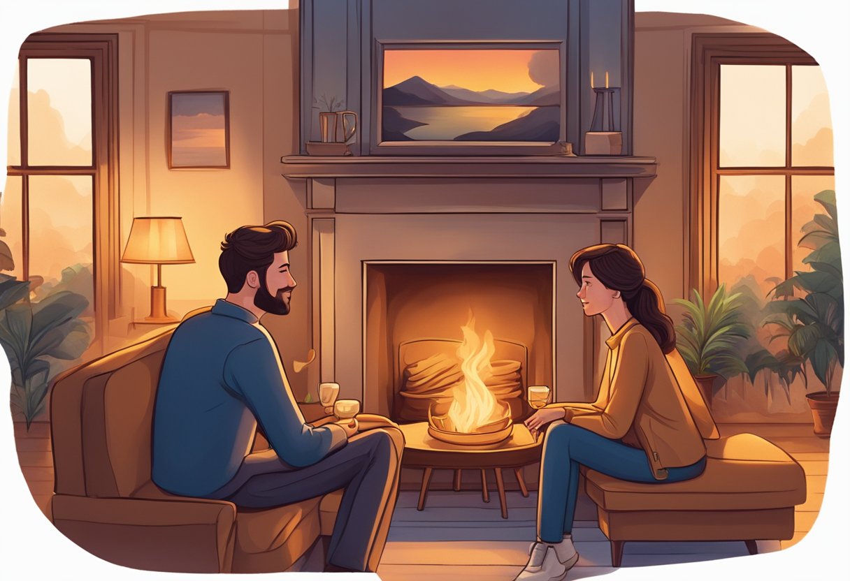 A couple sits on a cozy couch, facing each other, engaged in deep conversation. The warm glow of the fireplace adds a sense of intimacy to the scene