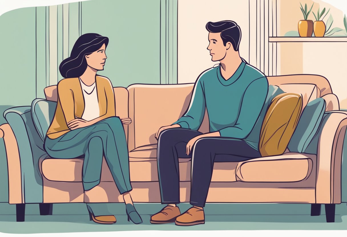 A couple sits on a couch, facing each other, with a tense expression. The woman looks uncomfortable while the man appears concerned, indicating the challenges of navigating intimacy during menopause
