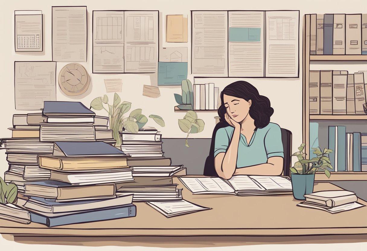 A woman sits at a desk with a pile of books and papers, looking frustrated. A calendar on the wall shows the passage of time. She is surrounded by supportive resources and information on navigating intimacy and relationships during menopause