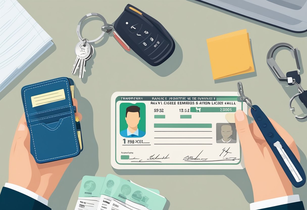 A hand placing a temporary driver's license in a secure wallet, surrounded by a keychain, car keys, and a reminder note