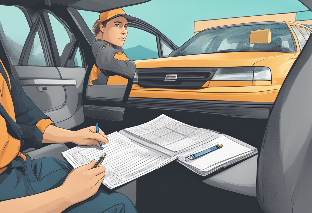 A person studying a driver's manual, filling out forms, taking a written test, and receiving a temporary driver's license