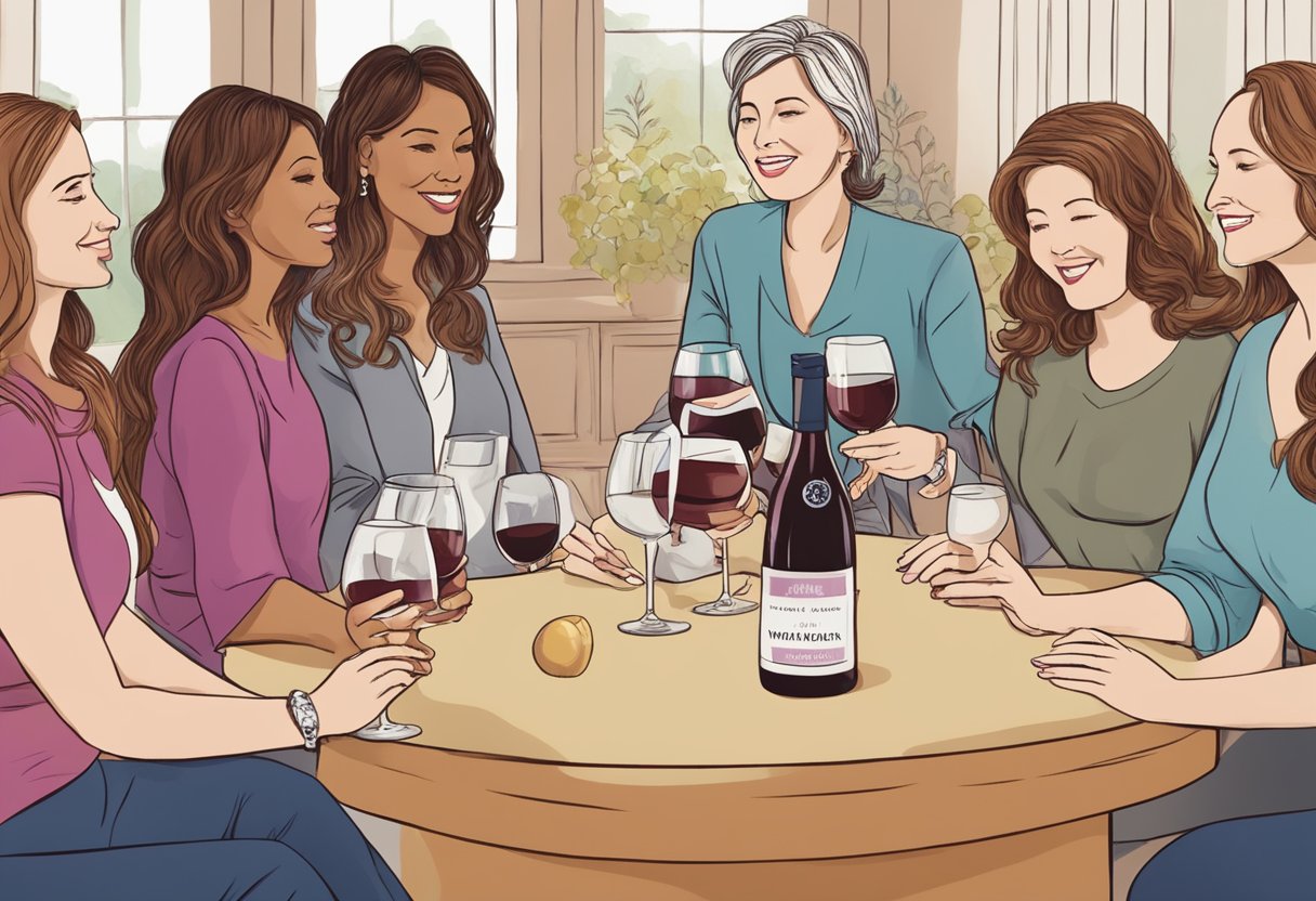 A wine glass surrounded by a group of women, with a book titled "Wine, Women, and Menopause: The Truth About Alcohol and Hormones" open on the table