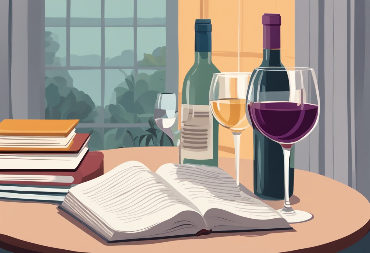 A glass of wine sits on a table next to a book titled "Wine, Women, and Menopause." A warm, cozy atmosphere suggests relaxation and self-care
