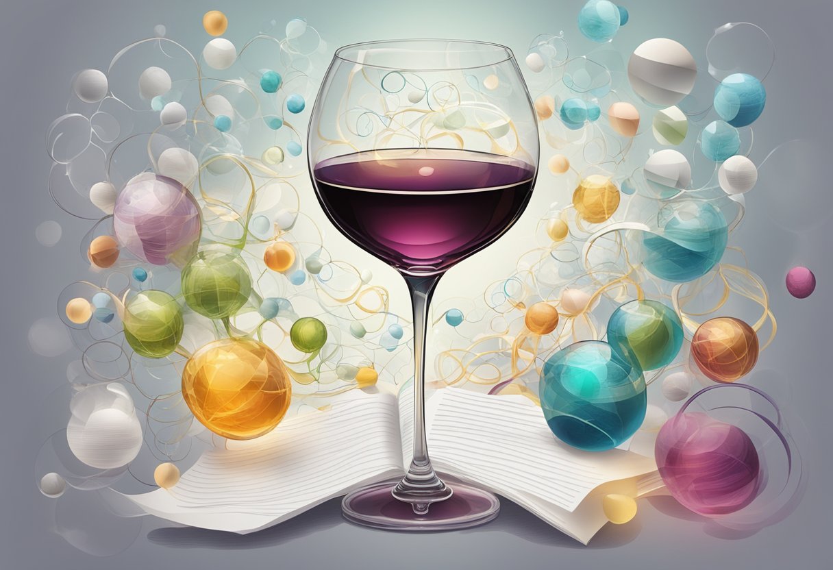 A wine glass surrounded by swirling hormonal symbols and scientific research papers
