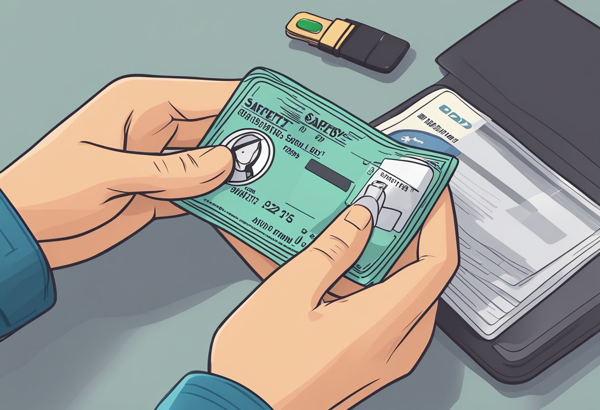 A hand placing a temporary driver's license in a secure wallet with 10 safety tips displayed in the background