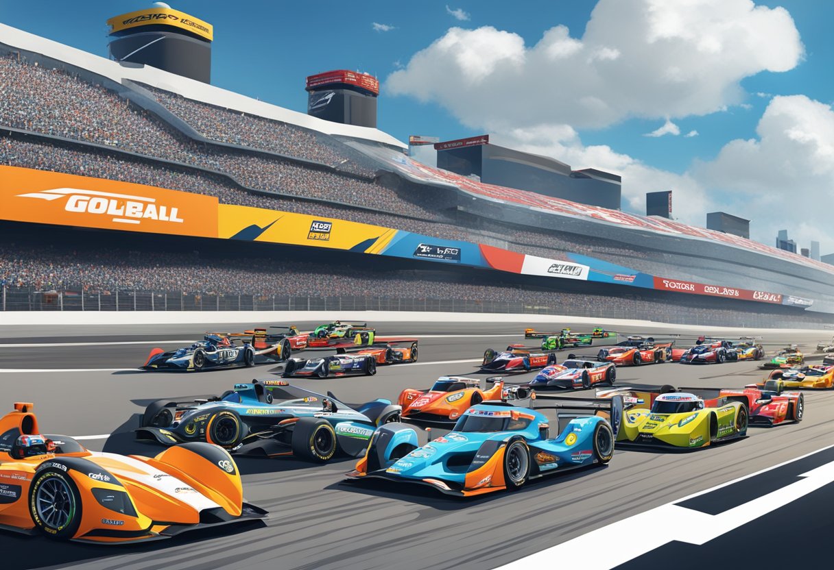 A lineup of sleek, futuristic race cars adorned with prominent logos of global brands, towering billboards displaying sponsor names, and a bustling pit lane filled with teams and personnel