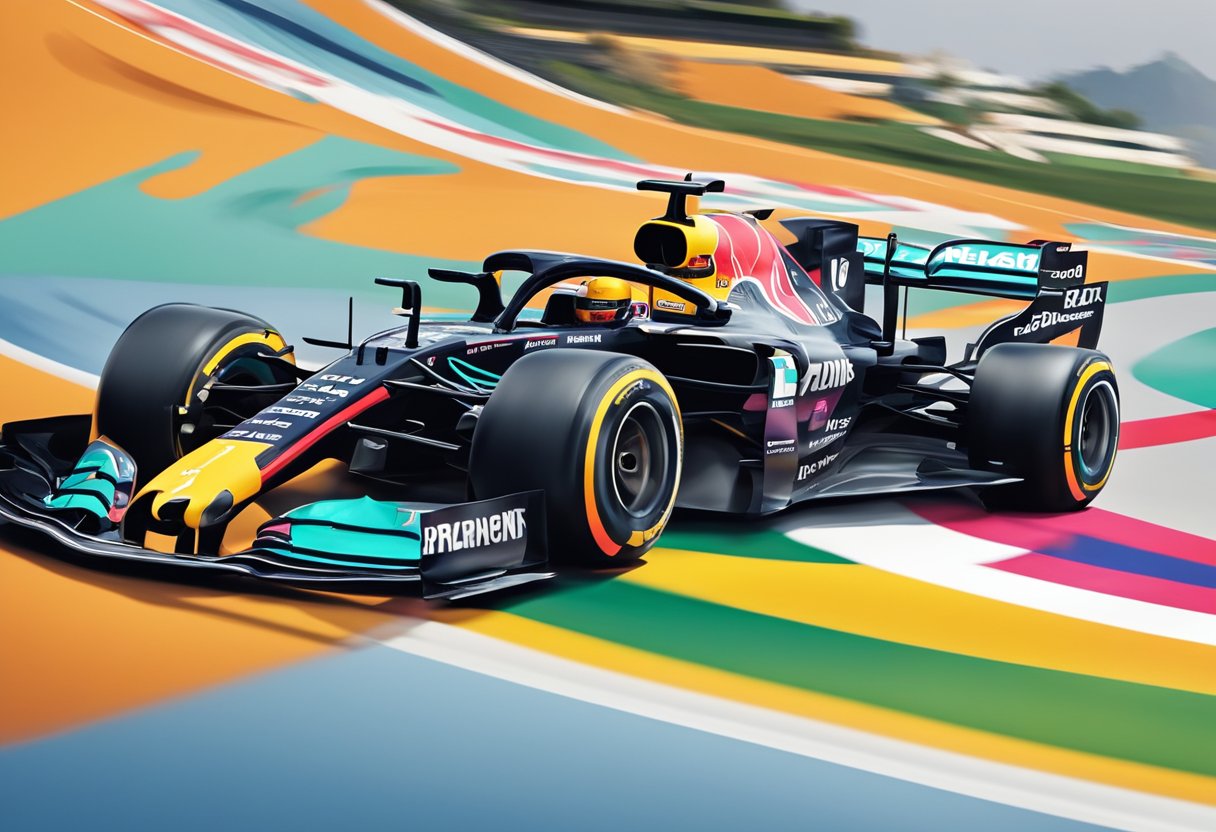A Formula 1 car with prominent sponsor logos speeds around a race track, showcasing the biggest sponsors of the leading F1 team in 2024