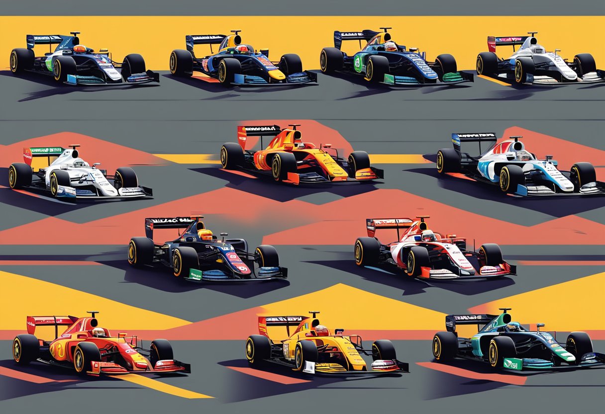 Formula 1 cars adorned with prominent sponsor logos, speeding around the track in a high-stakes race. The teams' performance influenced by the support of their major sponsors