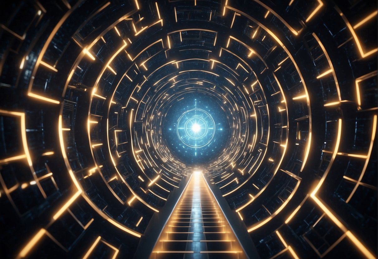 A glowing orb hovers above a maze of interconnected pathways, symbolizing the journey of self-awareness and the endless possibilities of future directions